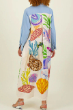 Casual Graffiti Print Buckle Turndown Collar Long Sleeve Vacation Maxi Shirt Dresses