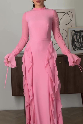 Formal Flare Sleeve Stringy Selvedge Half A Turtleneck Irregular Hem Ruffle Trim Evening Party Wedding Bodycon Maxi Dress