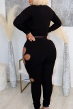Casual Floral Design Hollow Out O Neck 3/4 Sleeve Crop Tops And Skinny Pants Night Club Plus Size Two Pieces Trouser Sets