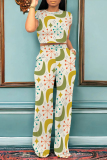 Casual Graphics Print O Neck Short Sleeve Pocket Trousers And Crop Top Vacation Two Pieces Pant Set