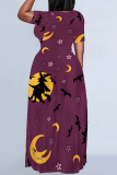 Halloween Outfit Skull Moon Print O Neck Short Sleeve Plus Size Straignt Loose T Shirt Maxi Dresses