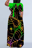 Halloween Outfit Skull Moon Print O Neck Short Sleeve Plus Size Straignt Loose T Shirt Maxi Dresses