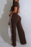 Casual Short Sleeve V Neck Belted Front Tie Fringed Trim Wide Leg Jumpsuits