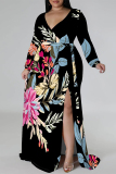 Casual Graphcis Print V Neck Half Sleeve Floor Length Cinch Waist Side Slit Long Plus Size A Line Maxi Dresses