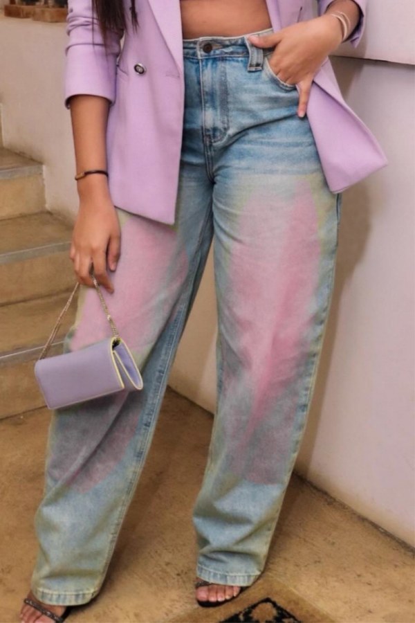 Casual Pocket High Waist Distressed Straight Leg Denim Jeans