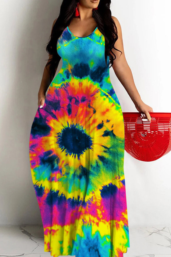 Graphics Print Backless Sleeveless Floor Length Vacation Baggy Sundress Slip Maxi Dress