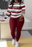 Sportwear Casual Stripe Print O Neck Long Sleeve Oversize Sweatershit And Skinny Pants Two Pieces Sweatpant Sets