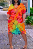 Casual Graphics Print Basic V Neck Long Sleeve Loose Pockets Straight Midi T-Shirt Dress