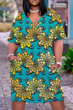 Casual Boho Graphics Print Basic V Neck Long Sleeve Loose Pockets Straight Midi T-Shirt Dress