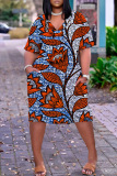 Casual Boho Graphics Print Basic V Neck Long Sleeve Loose Pockets Straight Midi T-Shirt Dress