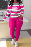 Sportwear Casual Stripe Print O Neck Long Sleeve Oversize Sweatershit And Skinny Pants Two Pieces Sweatpant Sets