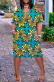 Casual Boho Graphics Print Basic V Neck Long Sleeve Loose Pockets Straight Midi T-Shirt Dress