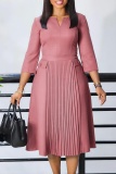Formal 3/4 Sleeve V Neck Slim Fit Office Lady A Line Pleated Midi Dresses