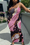 Sleeveless Casual Graphcis Print Backless Spaghetti Strap Long Bodycon Maxi Slip Dress