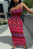 Sleeveless Casual Graphcis Print Backless Spaghetti Strap Long Bodycon Maxi Slip Dress