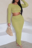 Casual Backless O Neck Long Sleeve Ruched Crop Tops And Maxi Skirt Vacation Two Pieces Dress Sets
