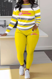 Sportwear Casual Stripe Print O Neck Long Sleeve Oversize Sweatershit And Skinny Pants Two Pieces Sweatpant Sets