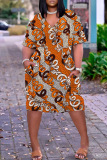 Casual Boho Graphics Print Basic V Neck Long Sleeve Loose Pockets Straight Midi T-Shirt Dress