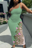 Sleeveless Casual Graphcis Print Backless Spaghetti Strap Long Bodycon Maxi Slip Dress