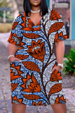 Casual Boho Graphics Print Basic V Neck Long Sleeve Loose Pockets Straight Midi T-Shirt Dress