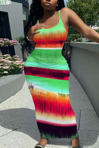 Sleeveless Casual Graphcis Print Backless Spaghetti Strap Long Bodycon Maxi Slip Dress