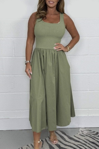 Casual U Neck Sleeveless Vacation A Line Pleated Maxi Tank Dresses
