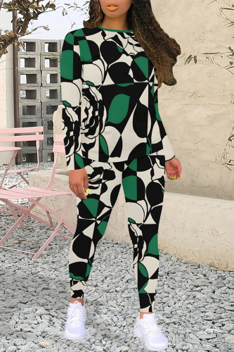 Sportwear Casual Geometric Print O Neck Long Sleeve Sweatshirt And Skinny Pants Two Pieces Trouser Sets