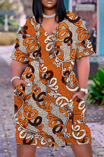 Casual Boho Graphics Print Basic V Neck Long Sleeve Loose Pockets Straight Midi T-Shirt Dress
