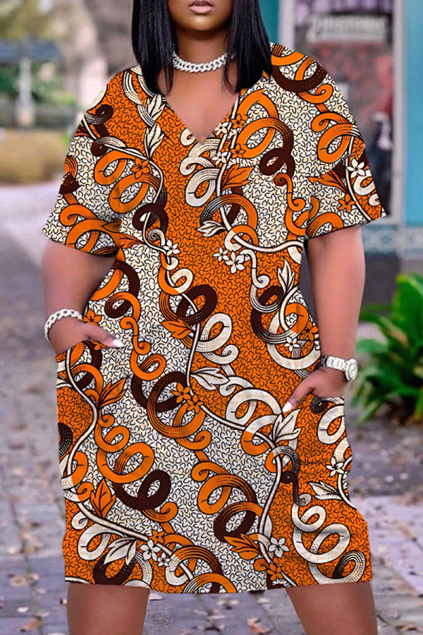 Casual Boho Graphics Print Basic V Neck Long Sleeve Loose Pockets Straight Midi T-Shirt Dress
