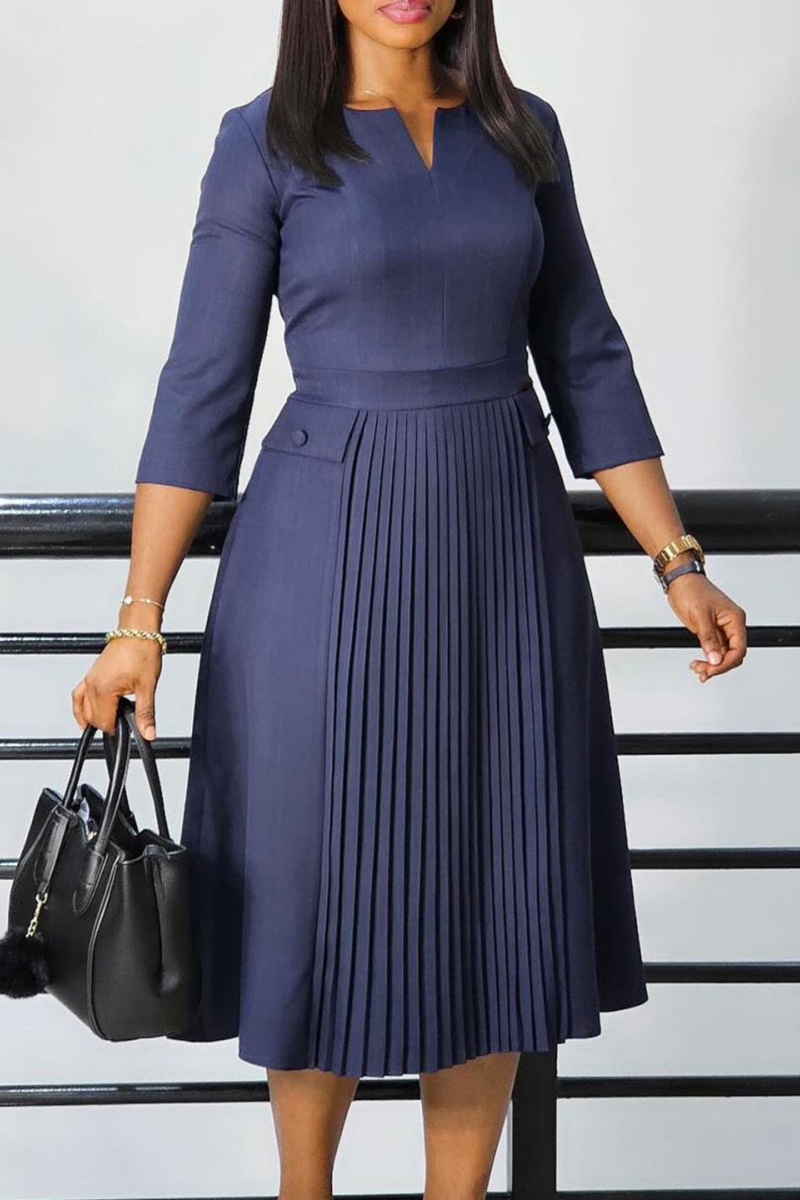 Midi Dress Women V Neck Belted 3 4 Sleeve Formal Dress