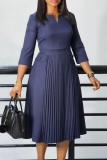 Formal 3/4 Sleeve V Neck Slim Fit Office Lady A Line Pleated Midi Dresses