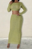 Casual Backless O Neck Long Sleeve Ruched Crop Tops And Maxi Skirt Vacation Two Pieces Dress Sets