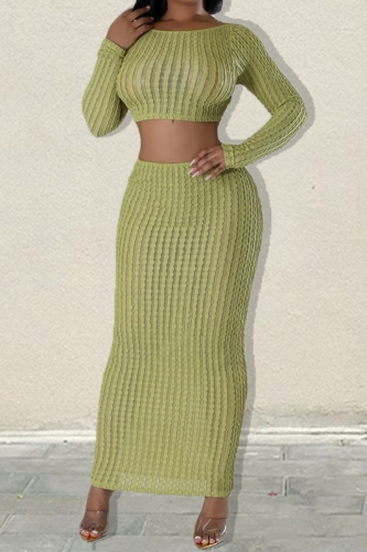 Casual Backless O Neck Long Sleeve Ruched Crop Tops And Maxi Skirt Vacation Two Pieces Dress Sets