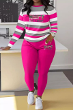 Sportwear Casual Stripe Print O Neck Long Sleeve Oversize Sweatershit And Skinny Pants Two Pieces Sweatpant Sets