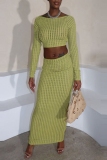 Casual Backless O Neck Long Sleeve Ruched Crop Tops And Maxi Skirt Vacation Two Pieces Dress Sets