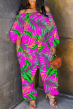 Casual Floral Print Off Shoulder Long Sleeve Pockets Harem Jumpsuits