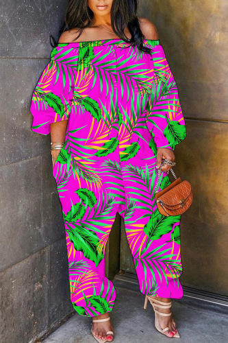 Casual Floral Print Off Shoulder Long Sleeve Pockets Harem Jumpsuits