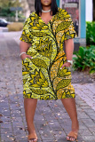 Casual Boho Graphics Print Basic V Neck Long Sleeve Loose Pockets Straight Midi T-Shirt Dress