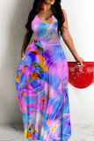 Graphics Print Backless Sleeveless Floor Length Vacation Baggy Sundress Slip Maxi Dress