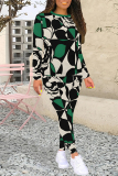 Sportwear Casual Geometric Print O Neck Long Sleeve Sweatshirt And Skinny Pants Two Pieces Trouser Sets