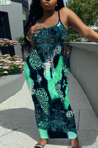 Sleeveless Casual Graphcis Print Backless Spaghetti Strap Long Bodycon Maxi Slip Dress