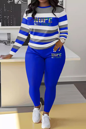Sportwear Casual Stripe Print O Neck Long Sleeve Oversize Sweatershit And Skinny Pants Two Pieces Sweatpant Sets