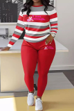 Sportwear Casual Stripe Print O Neck Long Sleeve Oversize Sweatershit And Skinny Pants Two Pieces Sweatpant Sets
