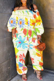 Casual Floral Print Off Shoulder Long Sleeve Pockets Harem Jumpsuits