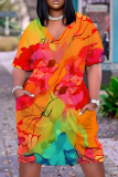 Casual Graphics Print Basic V Neck Long Sleeve Loose Pockets Straight Midi T-Shirt Dress