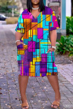 Casual Graphics Print Basic V Neck Long Sleeve Loose Pockets Straight Midi T-Shirt Dress