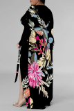 Casual Graphcis Print V Neck Half Sleeve Floor Length Cinch Waist Side Slit Long Plus Size A Line Maxi Dresses