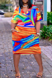 Casual Graphics Print Basic V Neck Long Sleeve Loose Pockets Straight Midi T-Shirt Dress