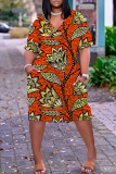 Casual Boho Graphics Print Basic V Neck Long Sleeve Loose Pockets Straight Midi T-Shirt Dress