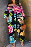 Casual Floral Print Off Shoulder Long Sleeve Pockets Harem Jumpsuits